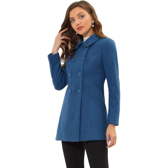 Women's Dark Grey Blue Peter Pan Collar Double Breasted Winter Long Trench Coat - Picture 2 of 5